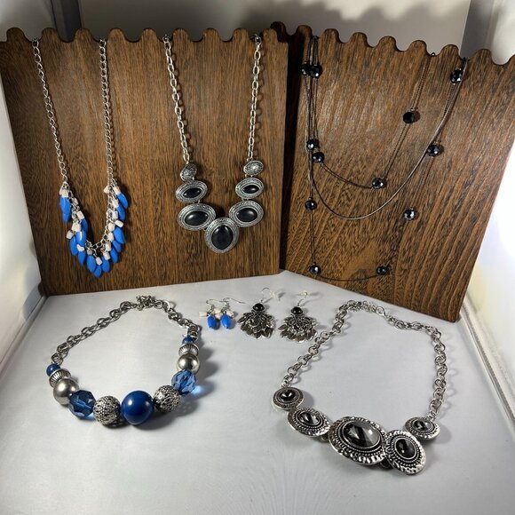 Jewelry - Set Of Silver-Tone & Blue Fashion Jewelry With Necklaces & Earrings For Women